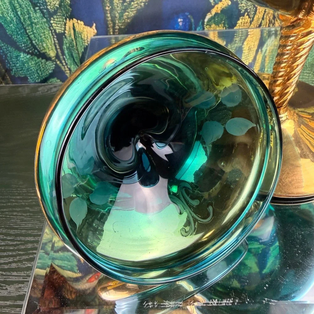 Vintage Venetian Murano Glass Compote Green Gold Hand Painted Floral‎ Candy Dish